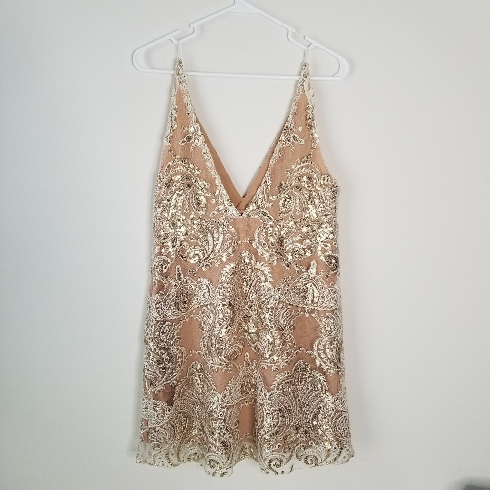 Free People Night Shimmers Mini Dress Lace Sparkly Size S Ivory/Beige Neutral - Picture 7 of 14